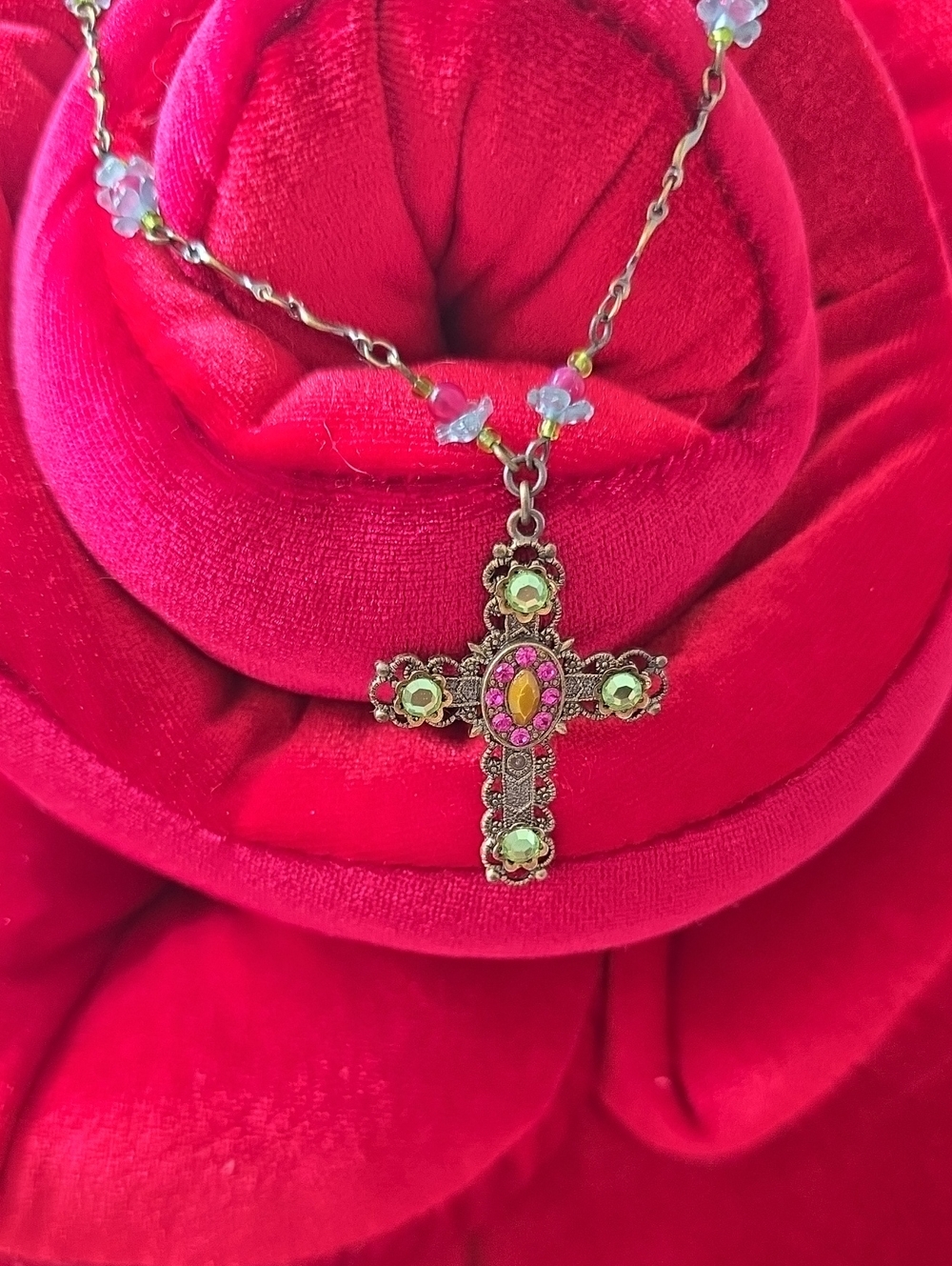 1928 Vintage Green Peridot and Pink Crystal Cross Pendant Necklace